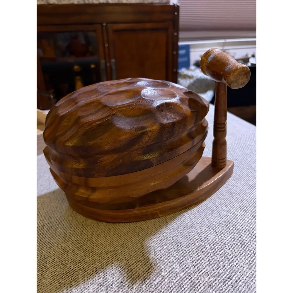 MCM Vintage Hand Carved Monkey Pod Wood Walnut Nut Bowl Set with Mallet